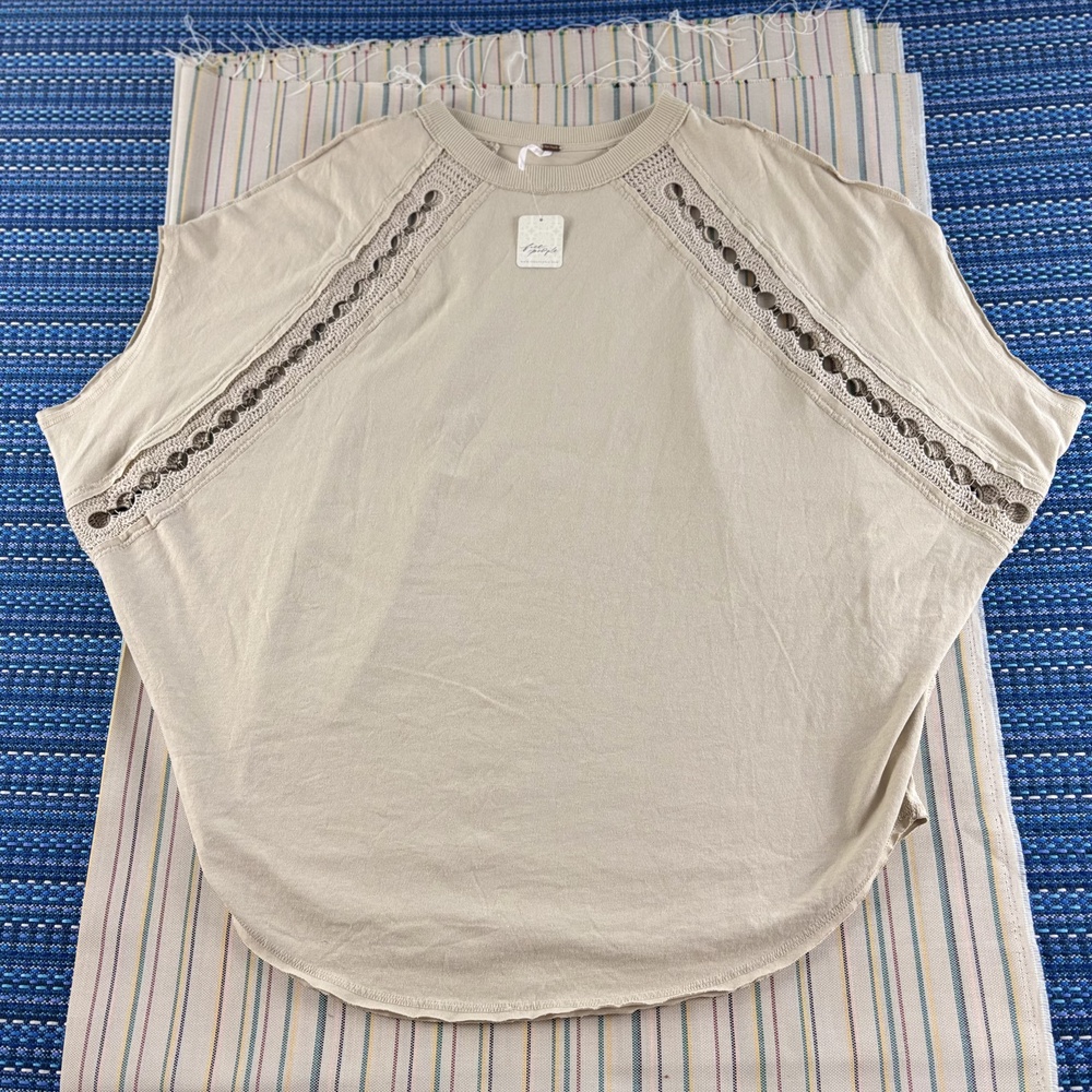 Free People Sweater Womens Large Beige Sand Jam Crochet Lace Pullover Top New